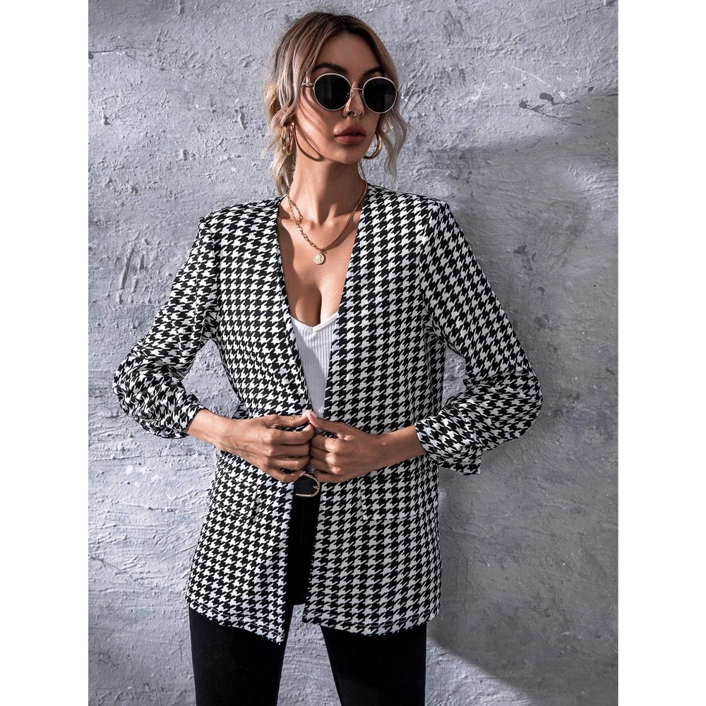 Minimalist Business Casual Open Front Houndstooth Blazer black white